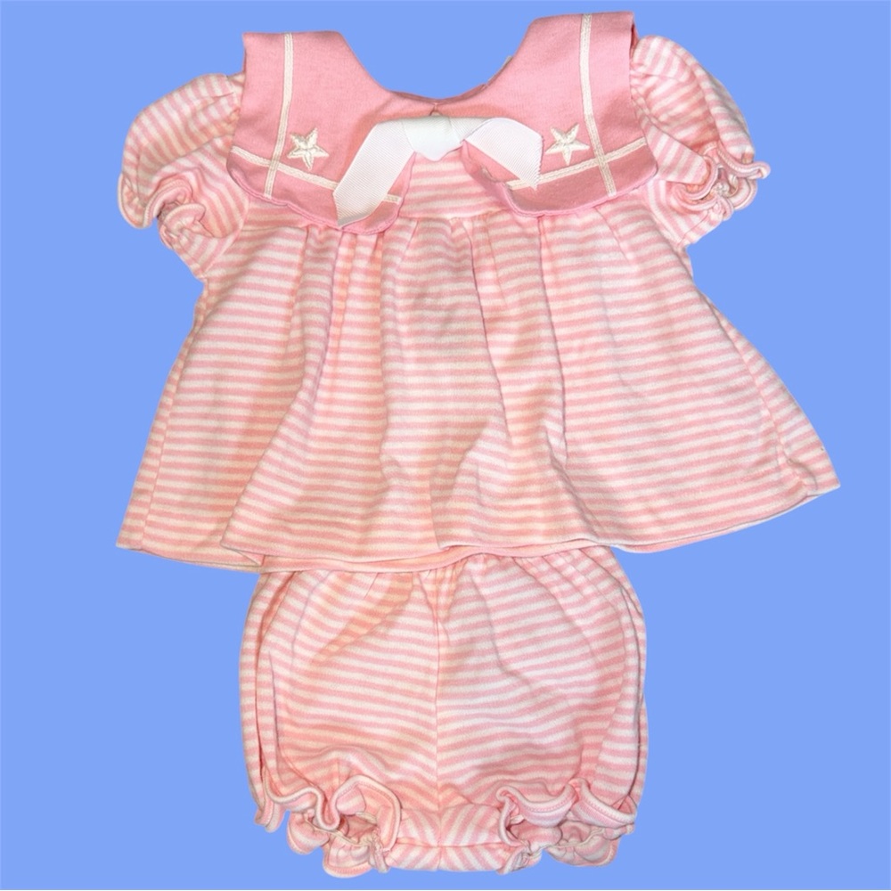 Vintage baby girls Alexis pink and white stripe blouse and bloomer set